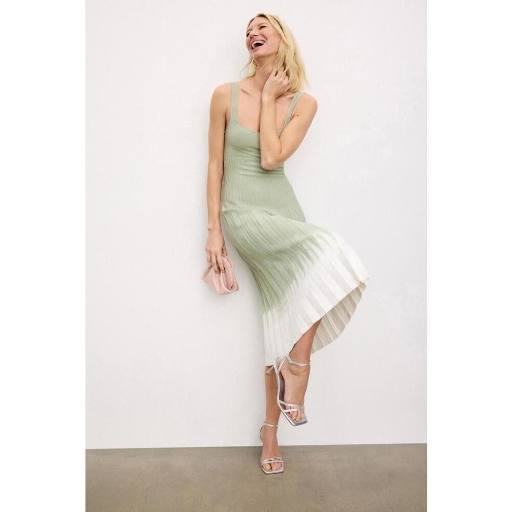 Staud Ellison Dress NWT Sz S Midi Green Ombre Knit Scoop Neck A-Line Cocktail - Picture 2 of 10